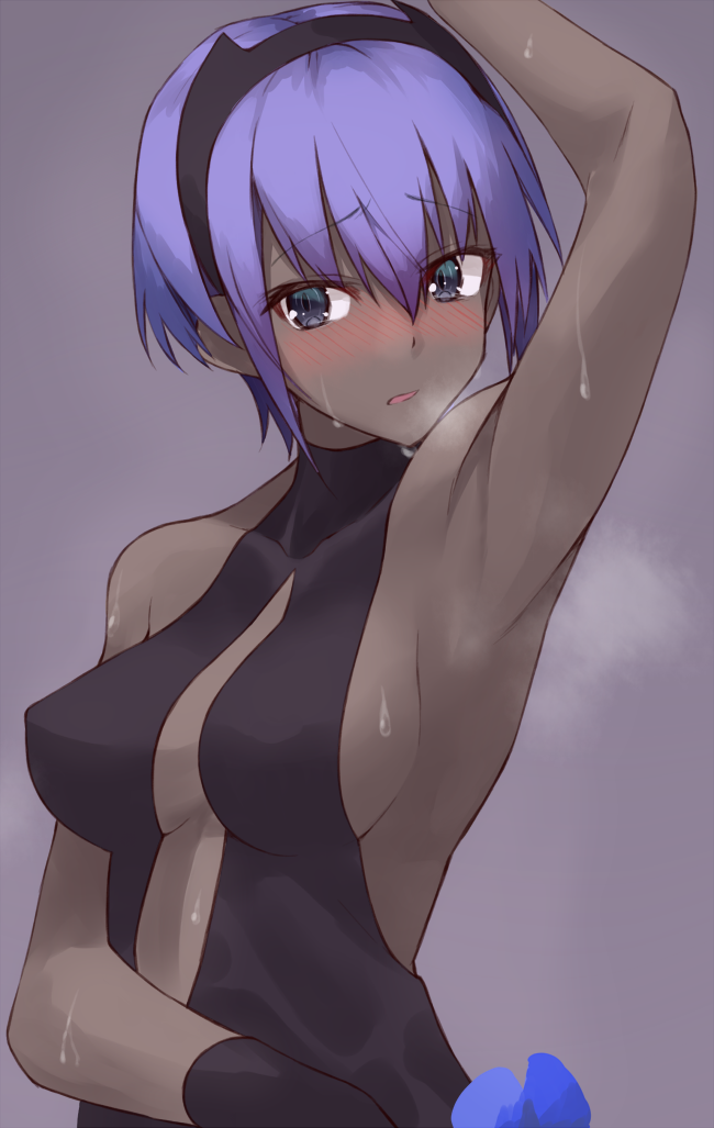 1girl arm_up armpits assassin_(fate/prototype_fragments) bangs black_bodysuit black_gloves black_hairband blush bodysuit breasts center_opening collarbone dark_skin embarrassed fate/prototype fate/prototype:_fragments_of_blue_and_silver fate_(series) gloves hair_between_eyes hairband heavy_breathing medium_breasts nose_blush open_mouth purple_background purple_hair short_hair shunichi sideboob simple_background solo sweat upper_body violet_eyes