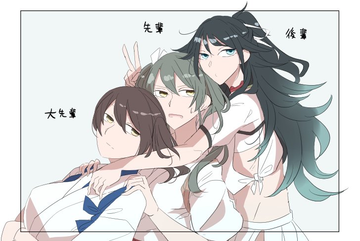 3girls black_hair blue_eyes brown_eyes brown_hair commentary framed girl_sandwich gradient_hair green_eyes green_hair grey_hair hair_ribbon high_ponytail hisaki_(morenabe) hug hug_from_behind japanese_clothes kaga_(kantai_collection) kantai_collection katsuragi_(kantai_collection) kimono long_hair looking_at_viewer multicolored_hair multiple_girls ribbon sandwiched short_sleeves side_ponytail sweatdrop tasuki translated twintails v white_ribbon zuikaku_(kantai_collection)