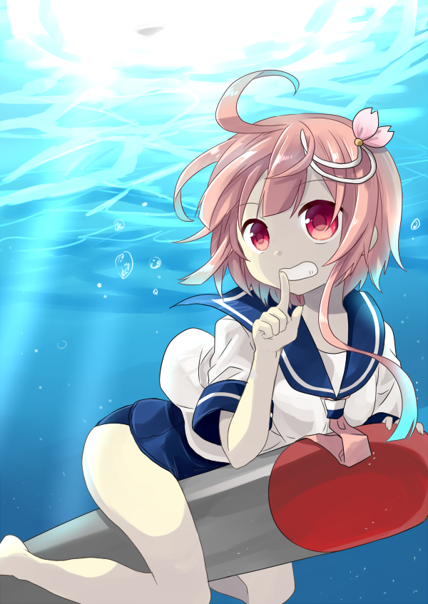 1girl ahoge finger_to_mouth grin hair_ornament i-58_(kantai_collection) kantai_collection multicolored_hair nagasioo necktie pink_hair red_eyes school_swimsuit school_uniform serafuku shushing smile solo streaked_hair swimsuit swimsuit_under_clothes torpedo two-tone_hair underwater