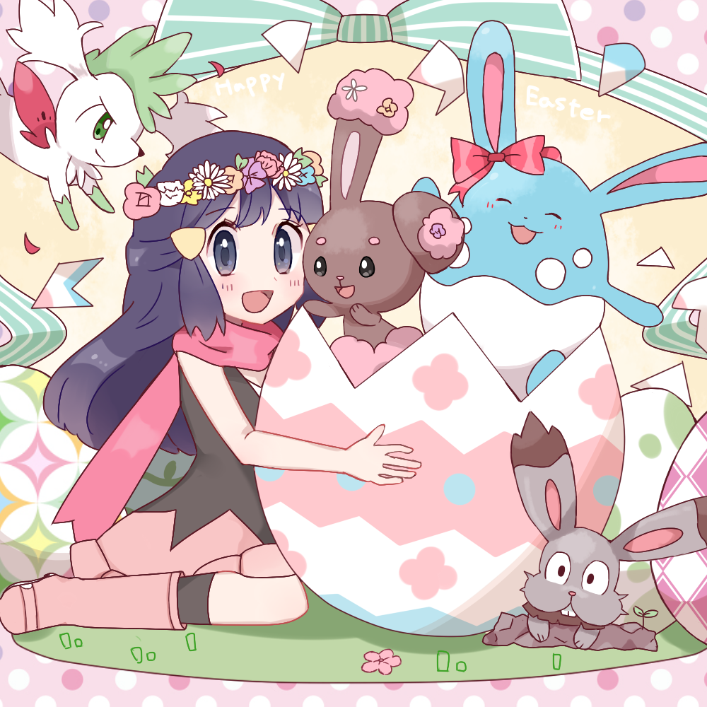 1girl :d alternate_color azumarill blue_eyes blue_hair blush boots bow buneary bunnelby easter easter_egg egg flower full_body hair_ornament hairclip happy_easter head_wreath hikari_(pokemon) long_hair looking_at_viewer open_mouth pink_boots pink_pachisuke pink_skirt pokemon pokemon_(game) ribbon scarf shaymin shiny_pokemon shirt skirt sleeveless sleeveless_shirt smile solo