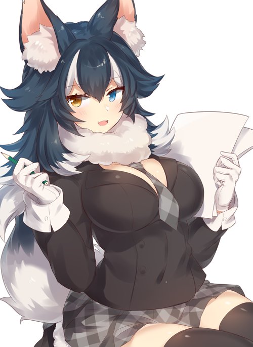 1girl :3 :d animal_ears between_breasts black_hair blue_eyes blush breasts gloves grey_skirt grey_wolf_(kemono_friends) hair_flaps hands_up heterochromia holding holding_paper holding_pencil kemono_friends large_breasts multicolored_hair necktie necktie_between_breasts open_mouth paper pencil plaid plaid_necktie plaid_skirt sitting skirt smile solo thigh-highs thighs two-tone_hair upper_body white_gloves white_hair yamaarashi yellow_eyes
