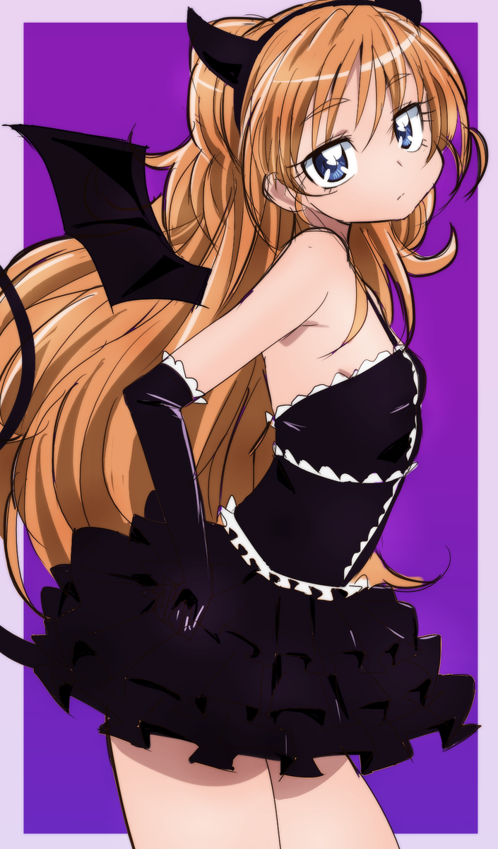 1girl armpits bat_wings black_dress black_gloves black_headband blue_eyes demon_tail dress elbow_gloves gloves gothic_lolita headband highres horned_headwear houjou_hibiki lolita_fashion looking_at_viewer manji_(tenketsu) orange_hair precure sleeveless sleeveless_dress solo suite_precure tail wings