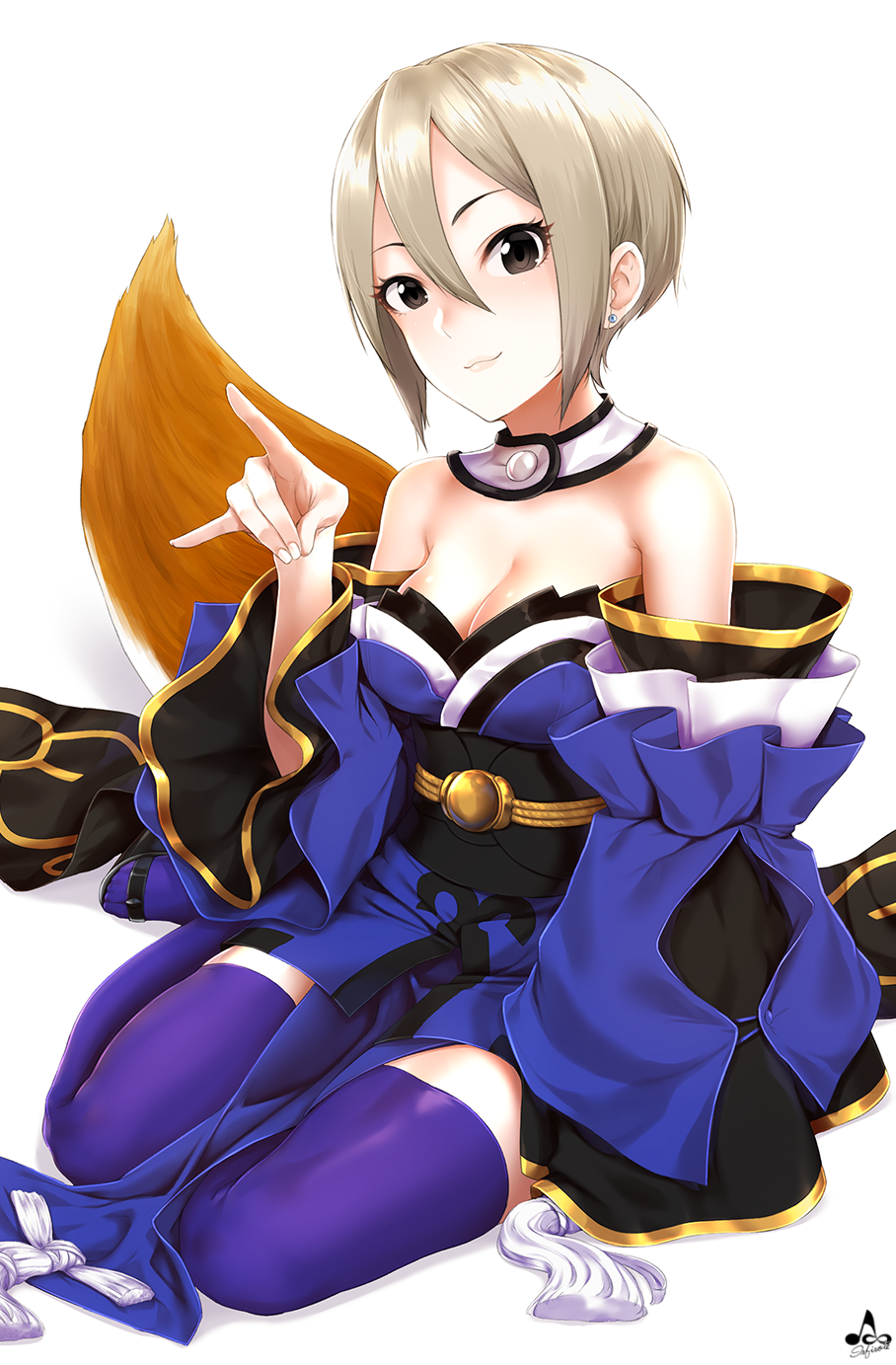 1girl bare_shoulders black_eyes blonde_hair breasts cleavage cosplay detached_collar detached_sleeves earrings fate/extra fate_(series) fox_shadow_puppet fox_tail highres idolmaster idolmaster_cinderella_girls infinote japanese_clothes jewelry looking_at_viewer purple_legwear shiomi_shuuko short_hair simple_background smile solo tail tamamo_(fate)_(all) tamamo_no_mae_(fate) tamamo_no_mae_(fate)_(cosplay) thigh-highs white_background wide_sleeves