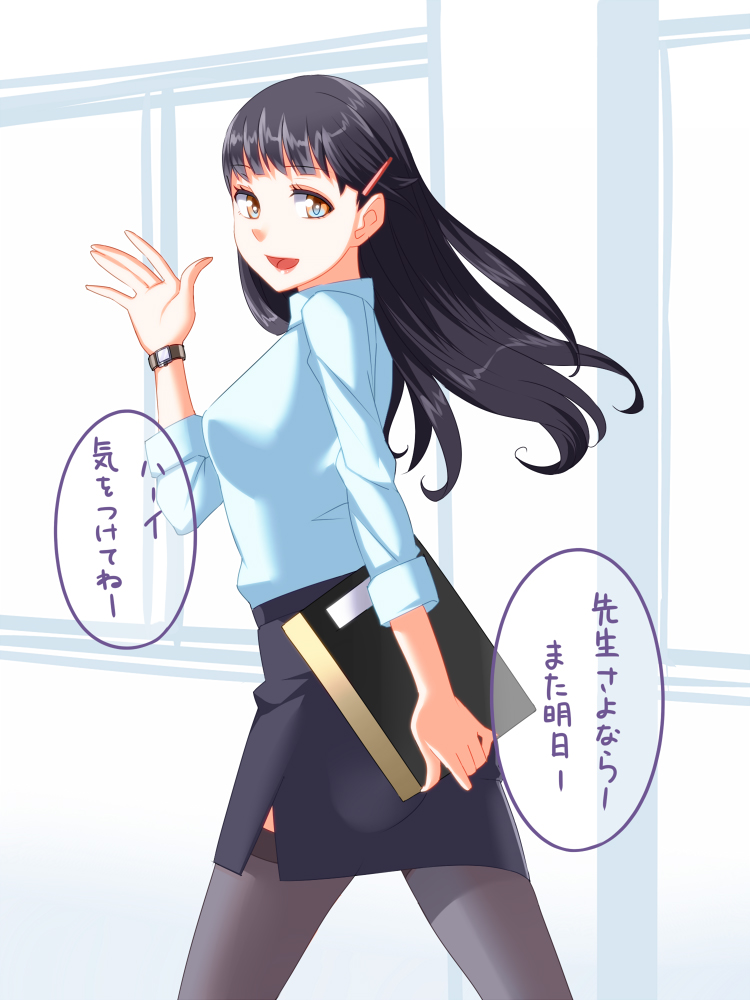1girl arm_up bangs blunt_bangs dress_shirt hair_ornament hairclip karintou18 long_hair looking_at_viewer open_mouth original shirt simple_background skirt smile solo thigh-highs translation_request walking watch waving