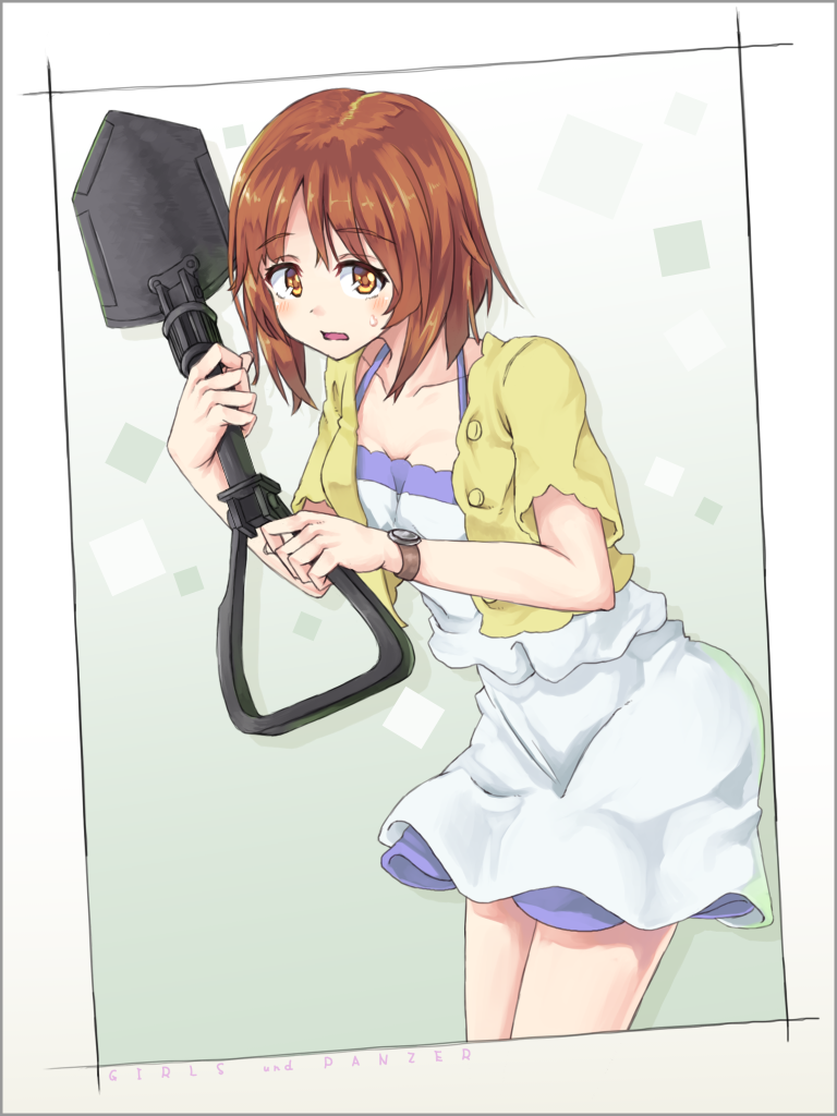 1girl bangs brown_eyes brown_hair camisole casual commentary_request cowboy_shot girls_und_panzer holding jacket leaning_forward looking_at_viewer miniskirt mumyuu nishizumi_miho open_clothes open_jacket parted_lips shirt short_hair short_sleeves shovel skirt solo standing sweatdrop watch watch white_shirt white_skirt worktool yellow_jacket
