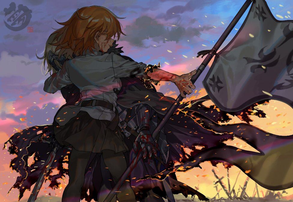 2girls armor armored_dress banner black_skirt blonde_hair blood burnt_clothes capelet clouds command_spell fate/apocrypha fate/grand_order fate_(series) field_of_blades fire flag fujimaru_ritsuka_(female) gauntlets hair_over_eyes headpiece jeanne_alter multiple_girls orange_hair pantyhose ruler_(fate/apocrypha) short_hair skirt standard_bearer sunset sword veerinly weapon