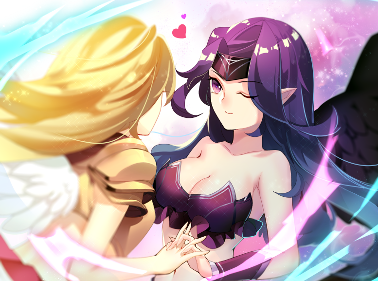 2amier 2girls ;) armor bare_shoulders black_wings blonde_hair bracelet bracer breasts cleavage closed_mouth collarbone couple depth_of_field eye_contact female hand_holding headband heart highres incest interlocked_fingers kayle large_breasts league_of_legends long_hair looking_at_another matching_hair/eyes midriff morgana multiple_girls mutual_yuri navel neck one_eye_closed pauldrons pointy_ears purple_hair shiny shiny_hair siblings sisters smile strapless tiara upper_body violet_eyes white_wings wings wink yuri