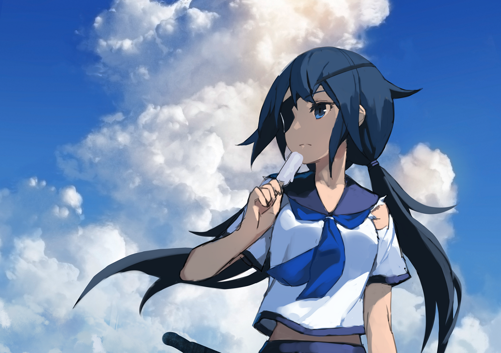 1girl black_hair blue_eyes blue_neckerchief blue_sky closed_mouth clouds cloudy_sky eyepatch food holding holding_food izumi_sai long_hair looking_to_the_side low_twintails neckerchief original outdoors popsicle school_uniform serafuku short_sleeves sky solo twintails upper_body