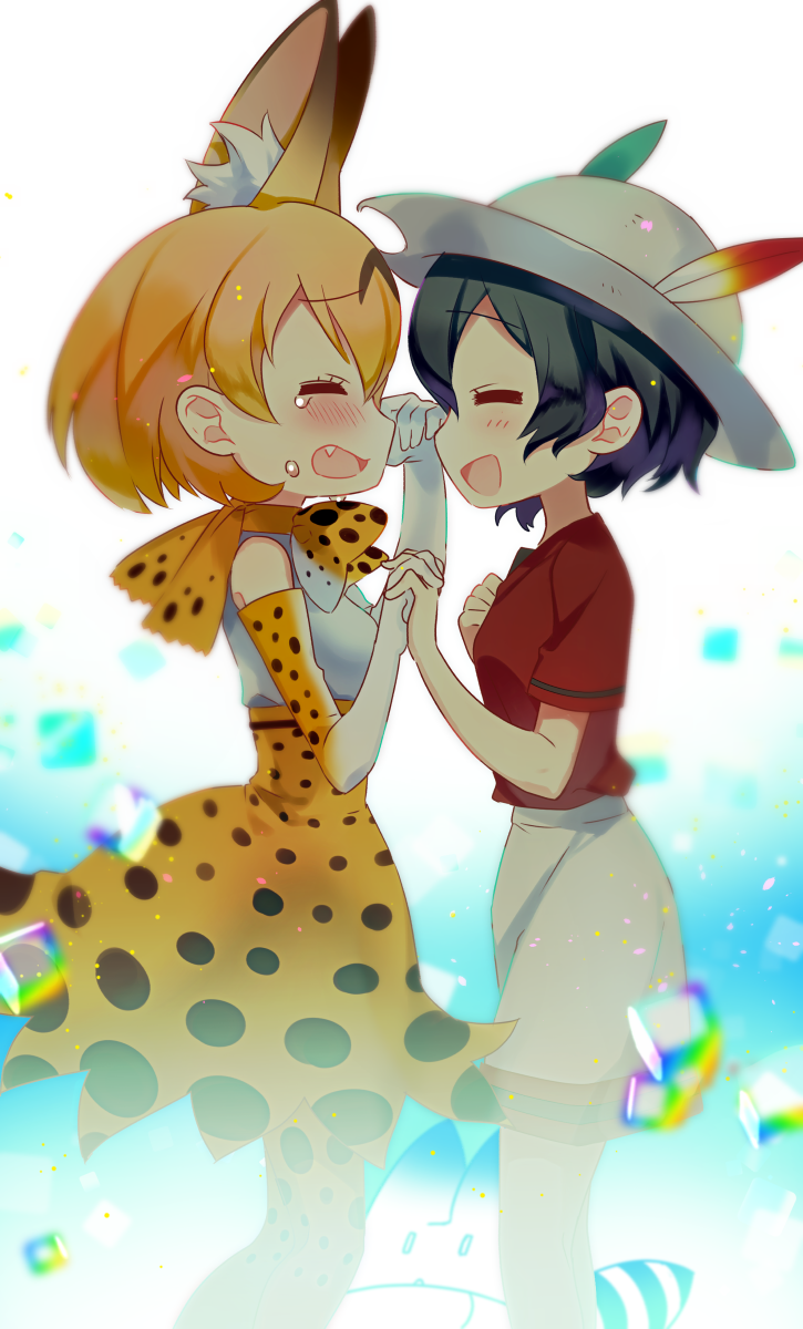 2girls akemaru animal_ears backlighting black_hair blonde_hair blush bow bowtie bucket_hat closed_eyes crying elbow_gloves fang gloves hair_between_eyes hand_holding hat hat_feather high-waist_skirt highres kaban_(kemono_friends) kemono_friends lucky_beast_(kemono_friends) multiple_girls profile red_shirt sandstar serval_(kemono_friends) serval_ears serval_print shirt short_hair shorts skirt sleeveless sleeveless_shirt vignetting wavy_hair