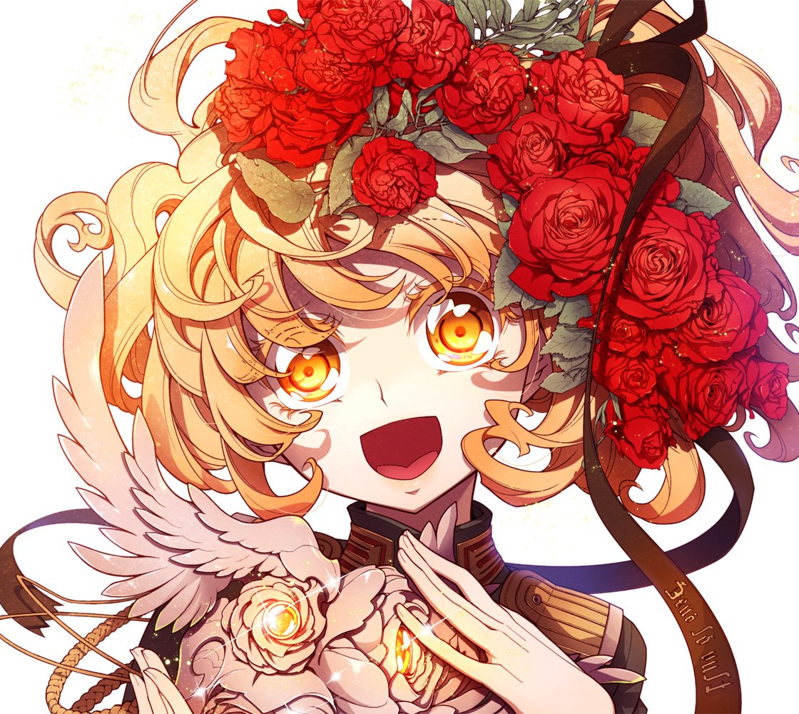 1girl :d blonde_hair flower hair_flower hair_ornament hand_on_own_chest looking_at_viewer official_art open_mouth rose simple_background smile solo tanya_degurechaff toda_youkon upper_body white_background yellow_eyes youjo_senki