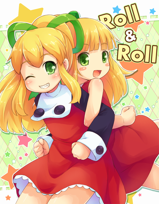 2girls ;d argyle argyle_background back-to-back bangs bare_arms bare_shoulders blonde_hair blunt_bangs blush_stickers character_name clenched_hands cowboy_shot dress dual_persona eyebrows_visible_through_hair flat_chest frilled_dress frills green_background green_eyes green_ribbon hair_ribbon locked_arms long_hair long_sleeves looking_at_viewer mizuno_mumomo multiple_girls one_eye_closed open_mouth ponytail red_dress ribbon rockman rockman_(classic) roll sidelocks sleeveless sleeveless_dress smile star teeth