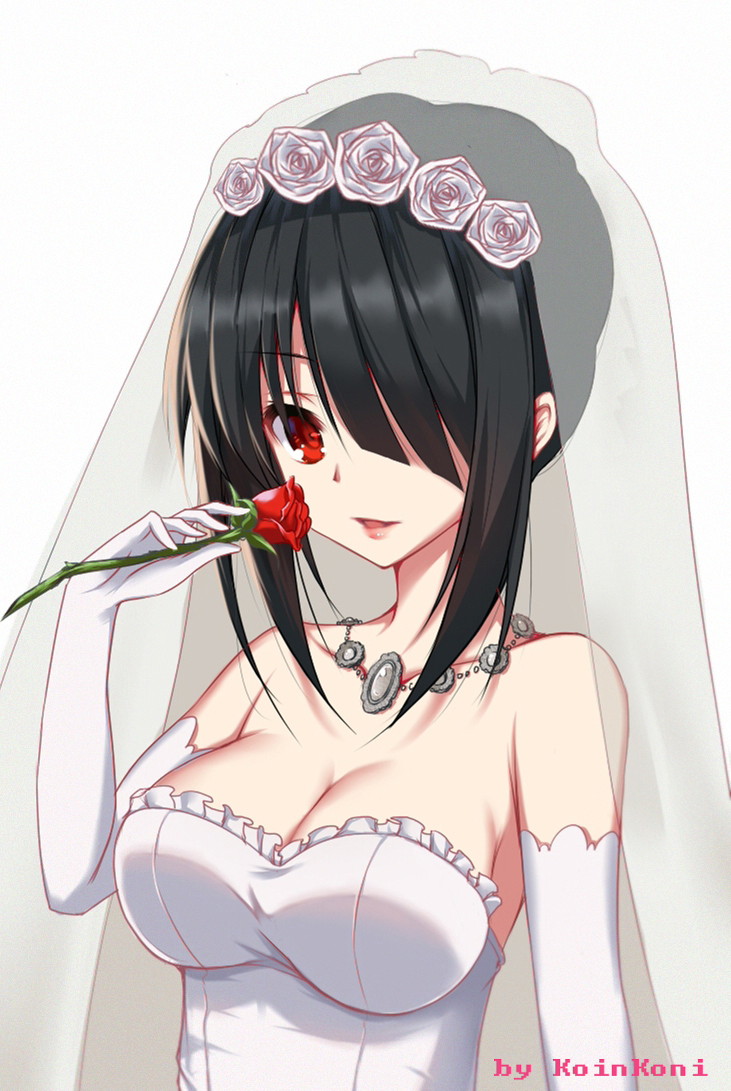 1girl artist_name bare_shoulders black_hair breasts bridal_veil cleavage date_a_live dress flower frills hair_over_one_eye hair_up jewelry large_breasts lips long_hair looking_at_viewer necklace parted_lips qingchen_(694757286) red_eyes red_rose rose sidelocks solo strapless strapless_dress tokisaki_kurumi upper_body veil wedding_dress