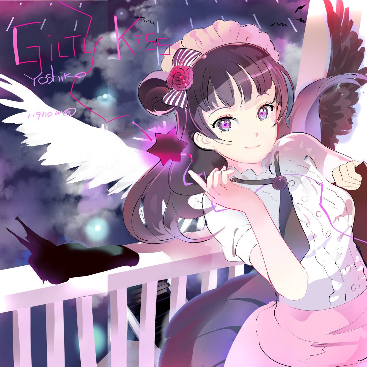 119 1girl angel_wings asymmetrical_wings bangs black_hair black_wings character_name clouds cloudy_sky cowboy_shot dress engrish flower highres index_finger_raised long_hair love_live! love_live!_sunshine!! maid_headdress purple_hair ranguage ribbon side_bun sky smile solo star text tsushima_yoshiko twitter_username violet_eyes white_wings wings