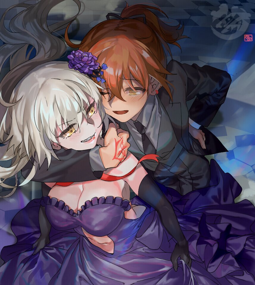 2girls ahoge black_gloves black_necktie blonde_hair blush breasts cleavage command_spell commentary dress elbow_gloves fate/grand_order fate_(series) flower formal fujimaru_ritsuka_(female) gloves gothic_lolita hair_flower hair_ornament hair_ribbon hand_on_hip holding_dress jeanne_alter lolita_fashion long_hair multiple_girls navel_cutout necktie one_eye_closed open_mouth orange_hair ponytail ribbon ruler_(fate/apocrypha) veerinly vest yellow_eyes yuri