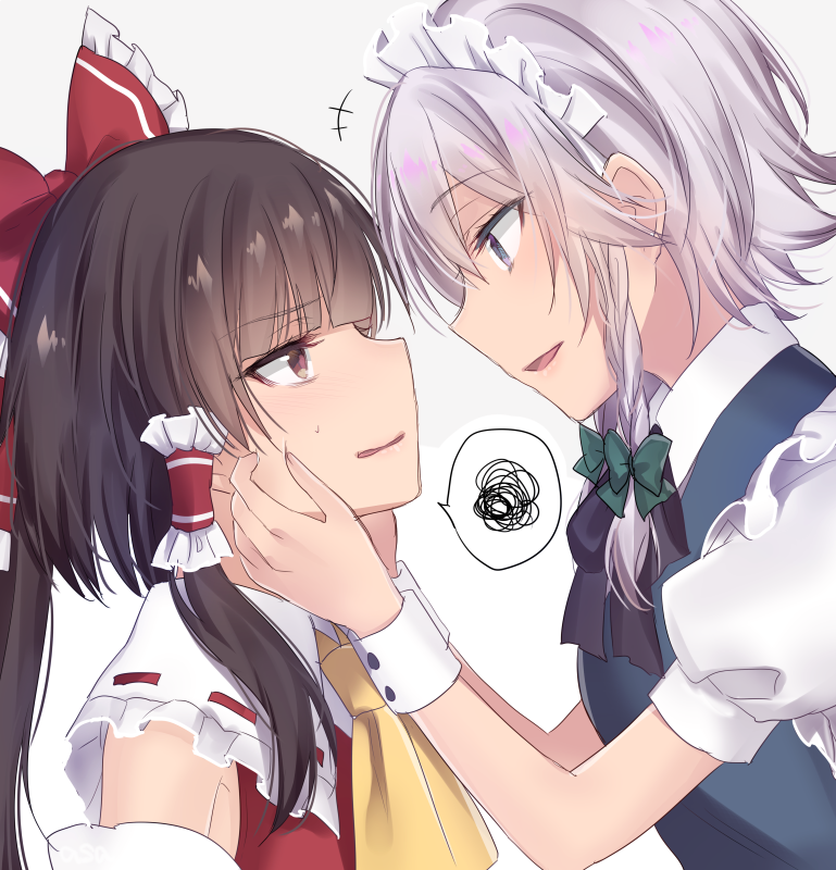 +++ 2girls annoyed apron asa_(coco) ascot bags_under_eyes bangs blue_dress blue_eyes blunt_bangs bow braid brown_eyes brown_hair collared_shirt detached_sleeves dress eye_contact frilled_apron frills hair_between_eyes hair_bow hair_tubes hakurei_reimu hands_on_another's_face izayoi_sakuya looking_at_another maid_apron maid_headdress multiple_girls puffy_short_sleeves puffy_sleeves shirt short_hair short_sleeves sidelocks silver_hair touhou twin_braids upper_body white_shirt wrist_cuffs