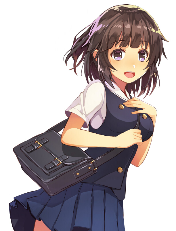 1girl :d bangs between_breasts blue_skirt blush breasts brown_hair cowboy_shot eyebrows_visible_through_hair hand_on_own_chest kibamigohann looking_at_viewer medium_breasts open_mouth original pleated_skirt shirt short_sleeves simple_background skirt smile solo strap_cleavage teeth uniform vest violet_eyes white_background white_shirt