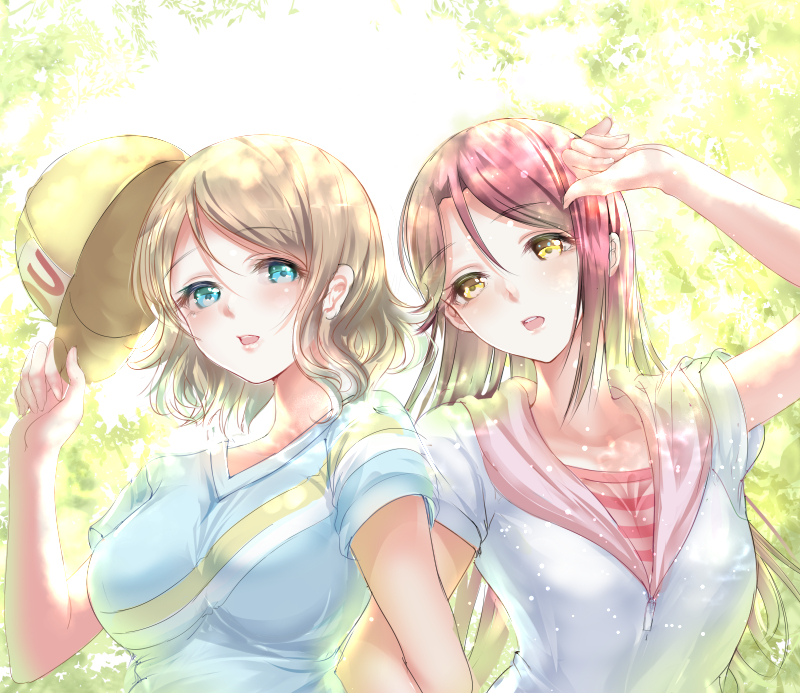 2girls arm_up blue_eyes breasts brown_hair commentary gorua_(youce01) headwear_removed helmet helmet_removed long_hair looking_at_viewer love_live! love_live!_sunshine!! medium_breasts multiple_girls open_mouth redhead revision sakurauchi_riko shirt short_hair short_sleeves t-shirt upper_body watanabe_you yellow_eyes