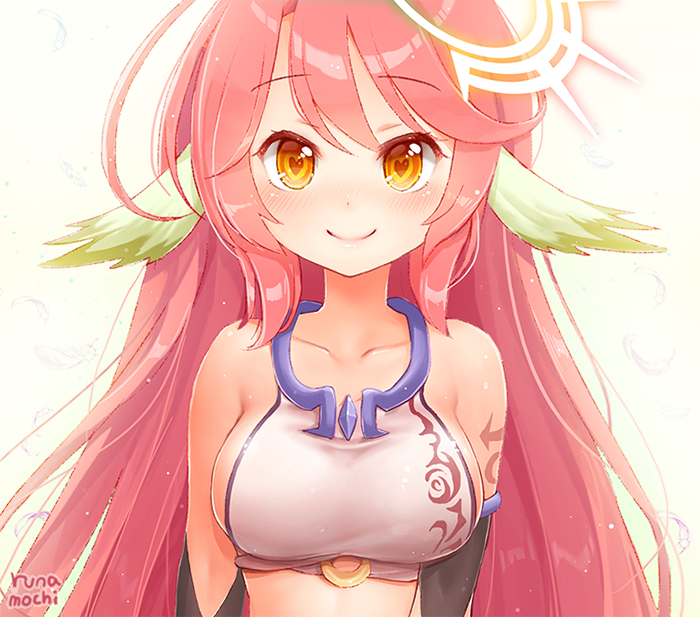 1girl arm_tattoo artist_name bare_shoulders blush breasts collarbone crop_top elbow_gloves gloves halo head_wings heart heart-shaped_pupils jibril_(no_game_no_life) large_breasts long_hair looking_at_viewer midriff navel no_game_no_life pink_hair runamochi sideboob simple_background smile solo symbol-shaped_pupils tattoo upper_body very_long_hair white_background yellow_eyes