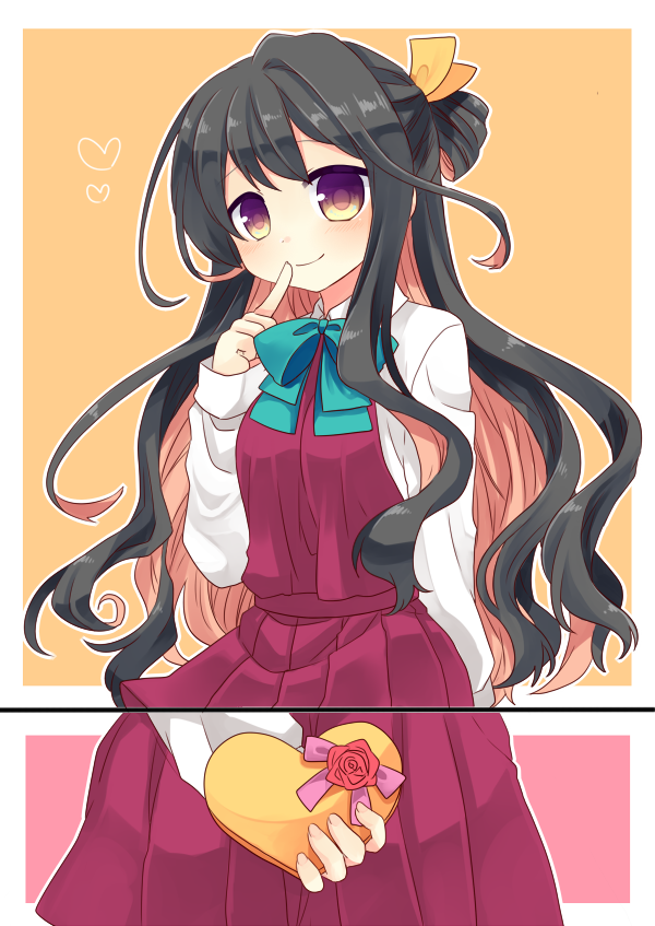 1girl 2koma arm_behind_back black_hair blush bow bowtie comic finger_to_mouth gift gradient_eyes hair_ribbon heart heart-shaped_box kantai_collection long_hair long_sleeves looking_at_viewer multicolored multicolored_eyes multicolored_hair naganami_(kantai_collection) nagasioo pink_hair ribbon school_uniform smile solo two-tone_hair valentine violet_eyes