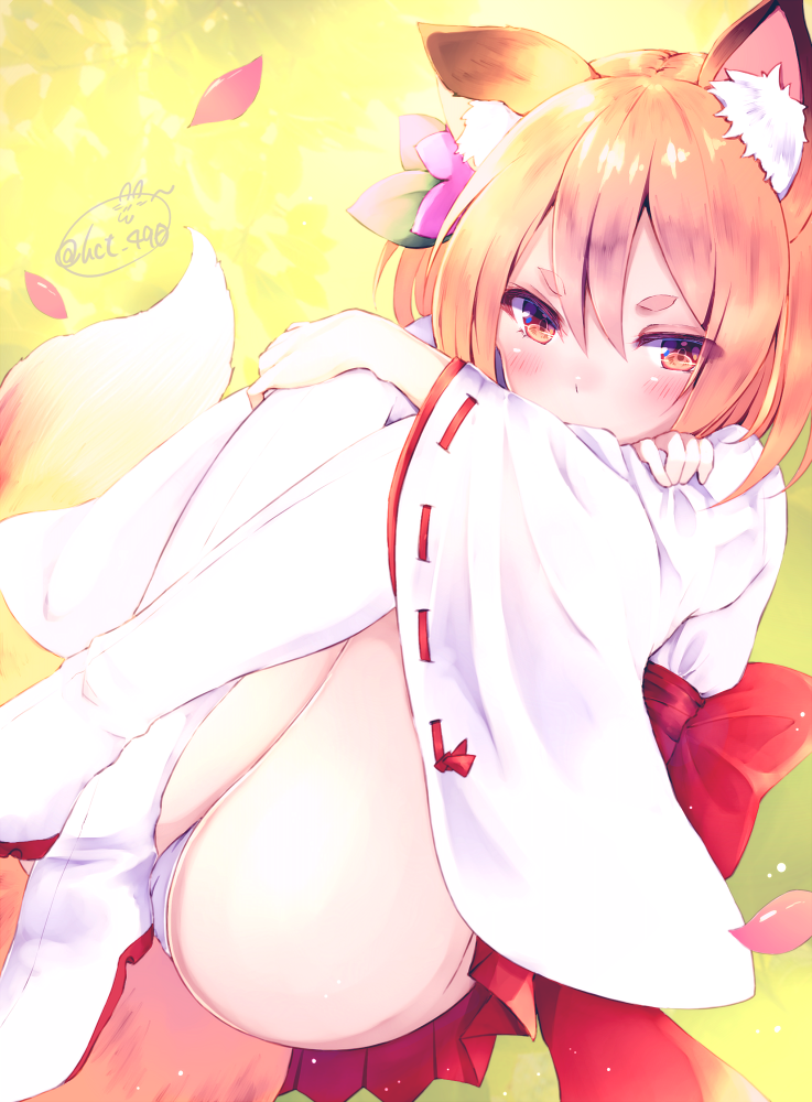 1girl animal_ears blonde_hair blush boots brown_eyes chita_(ketchup) covered_mouth flower fox fox_ears fox_girl fox_tail hair_flower hair_ornament hakama_skirt japanese_clothes legs_crossed miko original panties panty_peek petals pleated_skirt red_skirt ribbon-trimmed_sleeves ribbon_trim sitting skirt solo tail thick_eyebrows thigh-highs thigh_boots thighs underwear white_panties