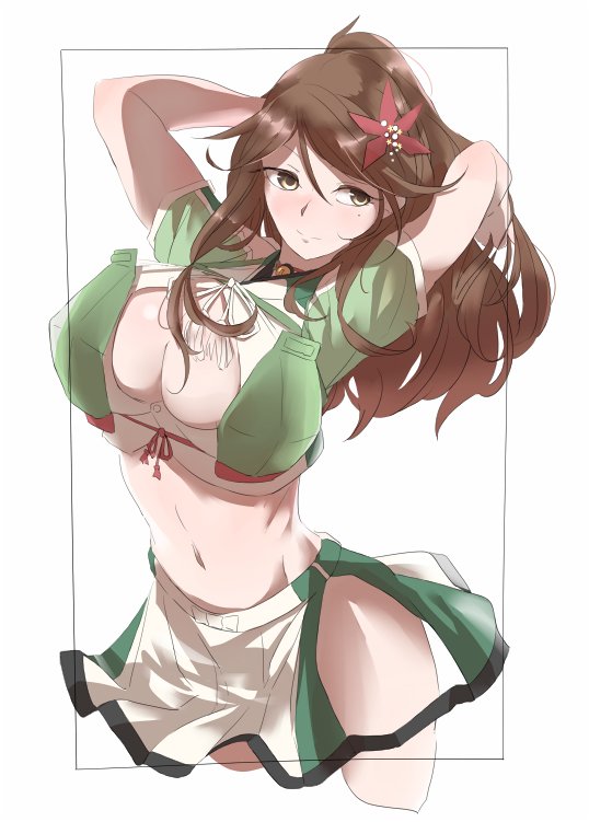 1girl amagi_(kantai_collection) arms_behind_head blush breasts brown_eyes brown_hair commentary_request cowboy_shot flower framed hair_between_eyes hair_flower hair_ornament high_ponytail hisaki_(morenabe) japanese_clothes kantai_collection large_breasts leaf leaf_hair_ornament long_hair maple_leaf midriff mole mole_under_eye navel ponytail remodel_(kantai_collection) sidelocks simple_background smile solo white_background wide_ponytail