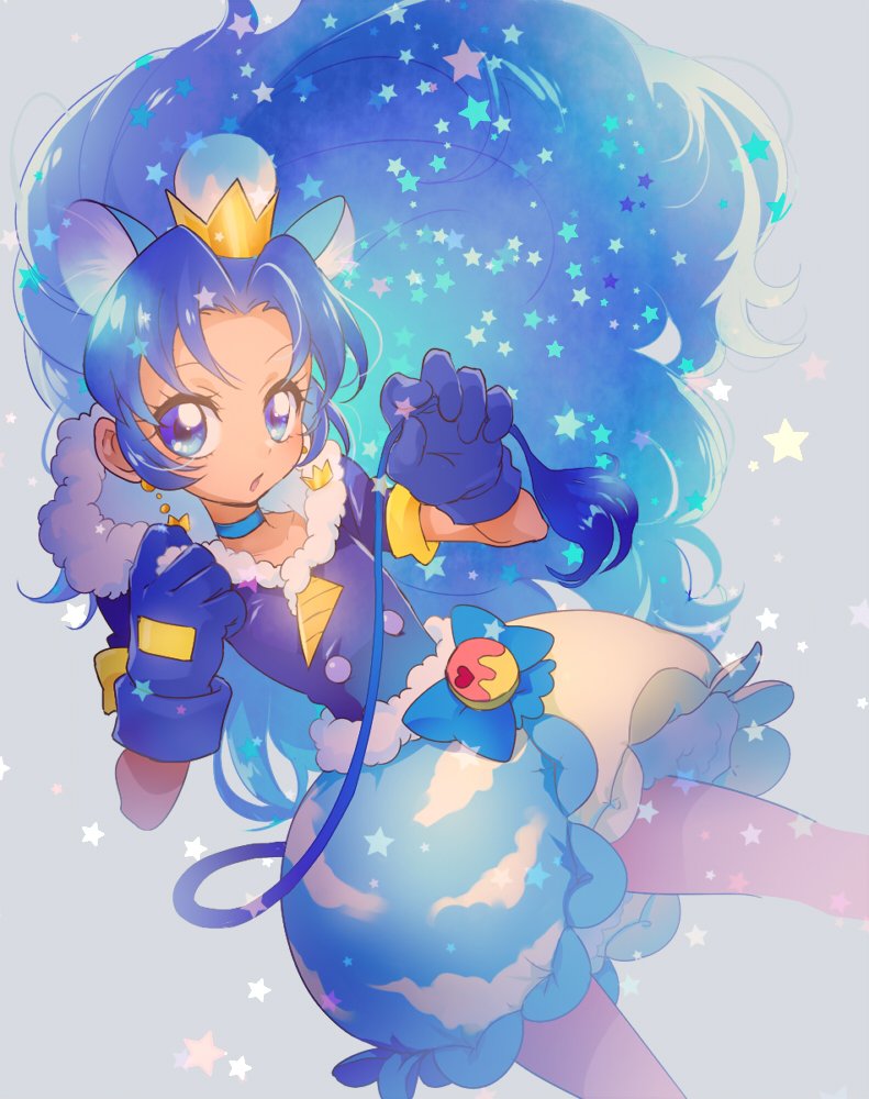 1girl :o animal_ears big_hair blue_choker blue_eyes blue_gloves blue_hair bubble_skirt choker crown cure_gelato earrings extra_ears fang fur_trim gloves grey_background holding_tail jacket jewelry kirakira_precure_a_la_mode lion_ears lion_tail long_hair looking_at_viewer magical_girl open_mouth precure simple_background skirt solo star tail tategami_aoi yukiumisaka