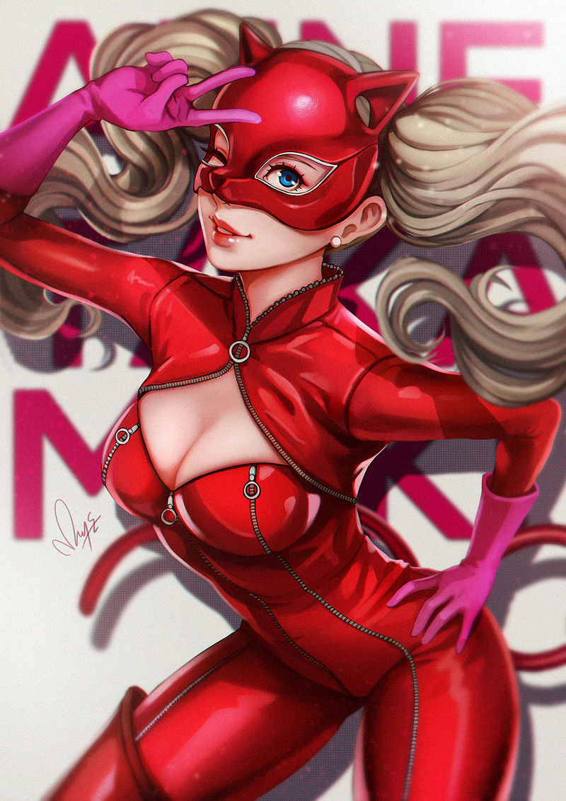 1girl artist_signature blonde_hair blue_eyes bodysuit breasts character_name cleavage cleavage_cutout earrings gloves hand_on_hip jewelry latex leaning_forward lips long_hair looking_at_viewer magion02 mask medium_breasts one_eye_closed parted_lips persona persona_5 red_bodysuit shadow smile solo stud_earrings takamaki_anne v white_background
