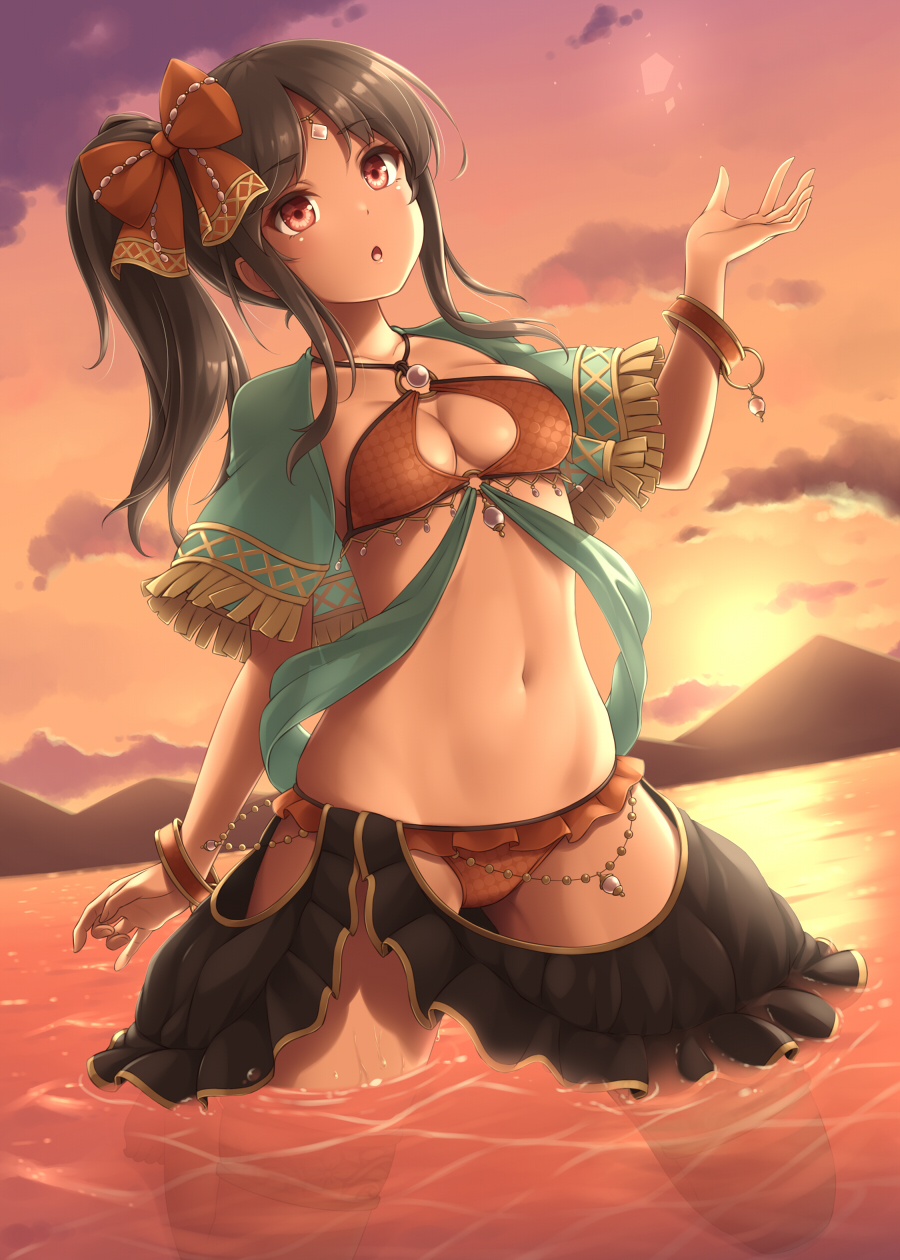 1girl bikini black_hair bow breasts capelet cleavage cleavage_cutout commentary_request dark_skin hair_bow hair_ribbon highres jewelry kneeling long_hair medium_breasts navel open_mouth original red_eyes sand-rain sasaame side_ponytail solo swimsuit wading water