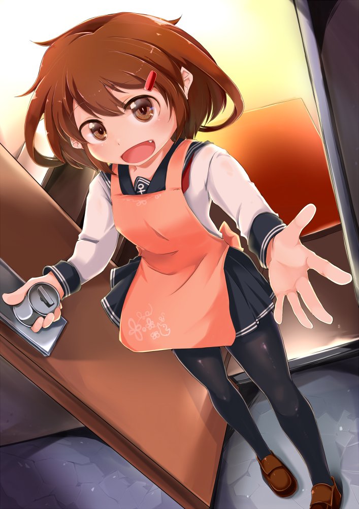 1girl 6u_(persicaria_eater) apron black_legwear brown_eyes brown_hair door doorway fang hair_ornament hairclip ikazuchi_(kantai_collection) kantai_collection open_door open_mouth outstretched_arms outstretched_hand pantyhose school_uniform serafuku shirt shoes short_hair skirt smile solo