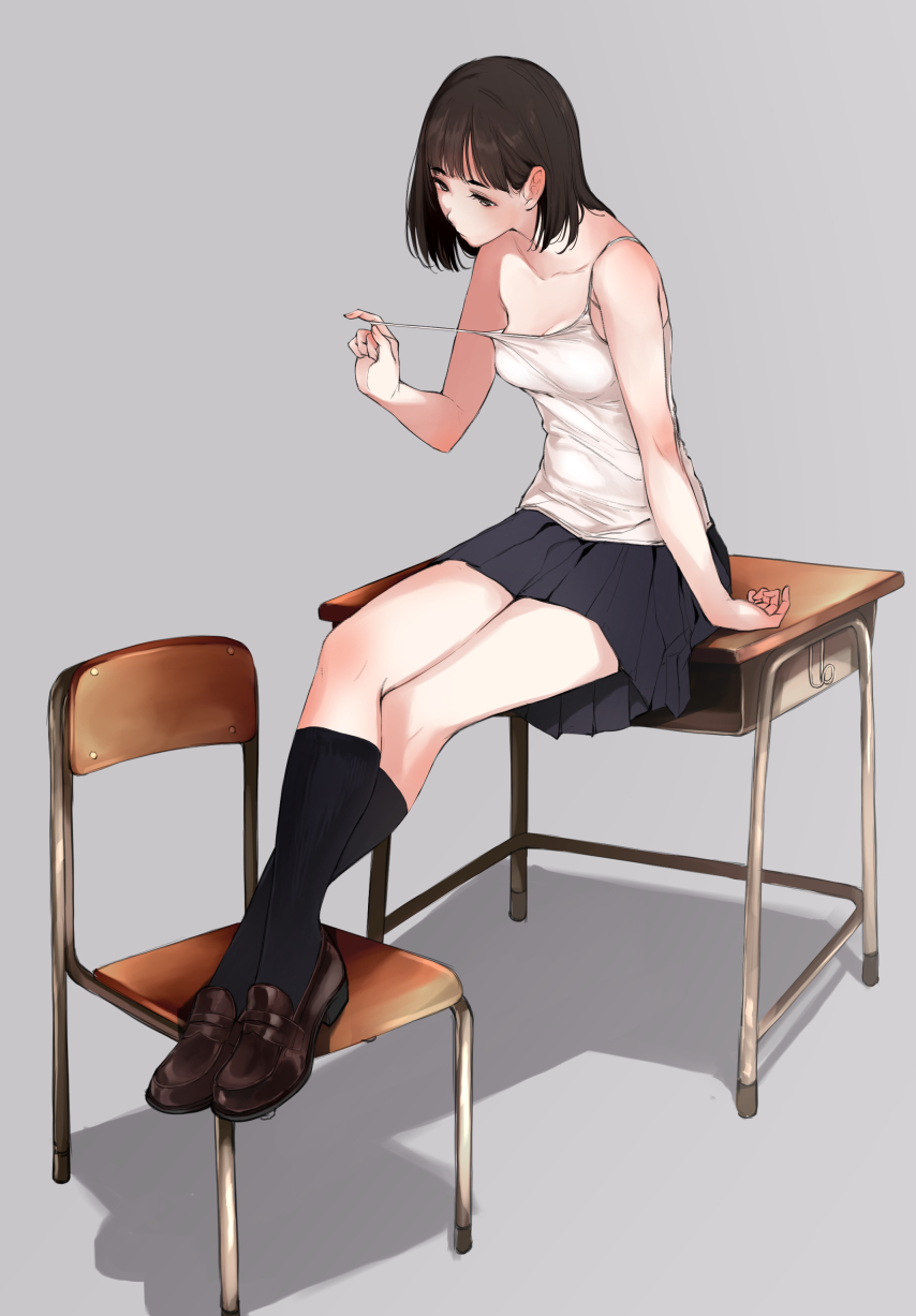 1girl arm_at_side arm_up bangs black_hair black_legwear black_shoes black_skirt blunt_bangs breasts chair cleavage commentary_request desk feet_on_chair grey_background highres kneehighs loafers miniskirt on_desk original pleated_skirt pulled_by_self school_chair school_desk shoes short_hair simple_background sitting sitting_on_desk skirt small_breasts solo strap_pull tank_top tsukino_wagamo