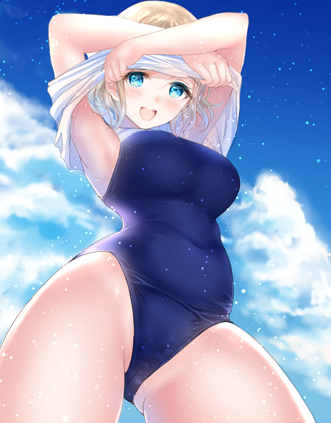 1girl armpits blue_eyes blush breasts brown_hair competition_swimsuit crotch from_below gorua_(youce01) large_breasts looking_at_viewer looking_down love_live! love_live!_sunshine!! one-piece_swimsuit open_mouth revision school_swimsuit shirt short_hair smile solo swimsuit undressing watanabe_you water_drop wet wet_clothes wet_shirt