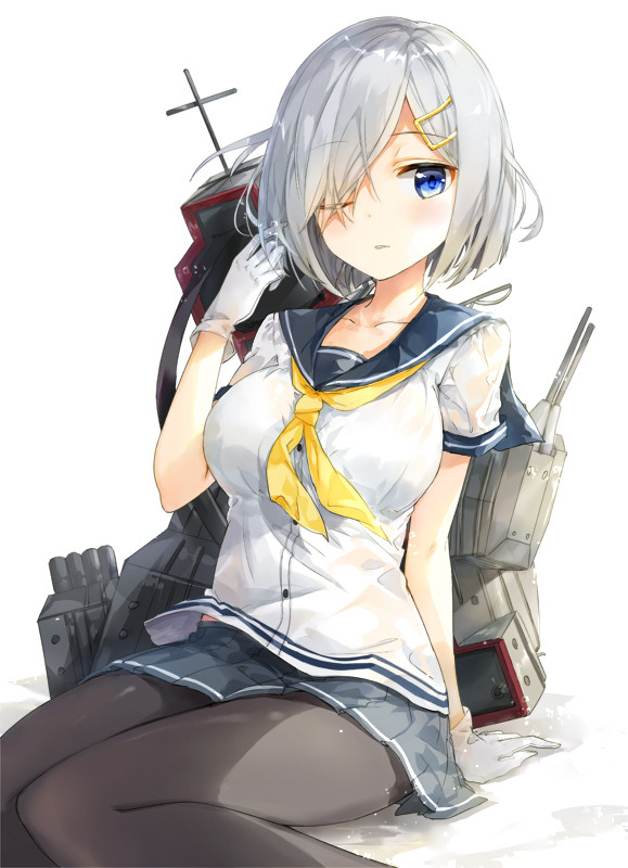 1girl arm_support black_legwear blue_eyes breasts cannon eyebrows_visible_through_hair fuumi_(radial_engine) gloves hair_ornament hair_over_one_eye hairclip hamakaze_(kantai_collection) kantai_collection large_breasts machinery neckerchief one_eye_closed pantyhose parted_lips pleated_skirt sailor_collar short_hair silver_hair sitting skirt solo turret white_background white_gloves yellow_neckerchief