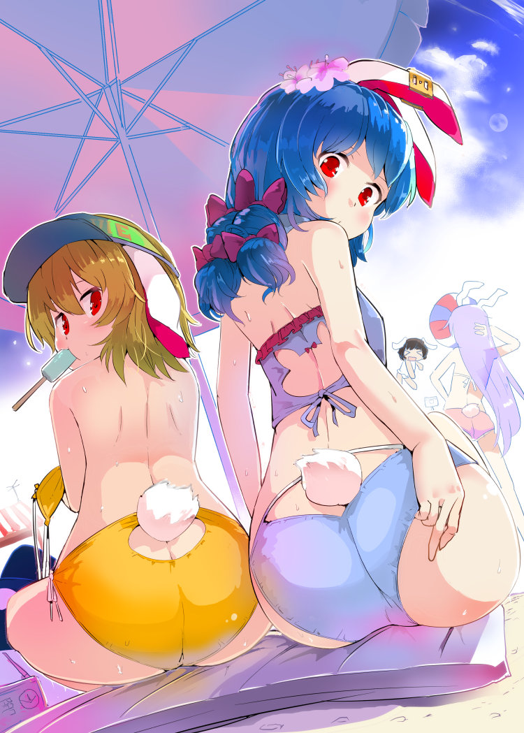 &gt;_&lt; 4girls alternate_costume animal_ears ass back back_cutout ball bangs beach beach_umbrella beachball bikini bikini_top_removed black_hair blonde_hair blue_bikini blue_hair bow bunny_tail butt_crack closed_eyes clouds day ear_clip ears_down food from_behind full_moon hair_between_eyes hair_bow inaba_tewi looking_at_viewer looking_back moon mouth_hold multiple_girls open_mouth perspective popsicle purple_bikini purple_hair puuakachan rabbit_ears radio red_eyes reisen_udongein_inaba ringo_(touhou) seiran_(touhou) shiny shiny_hair string_panties sweat swimsuit tail tail_slit_clothes touhou transparent umbrella visor white_swimsuit yellow_bikini