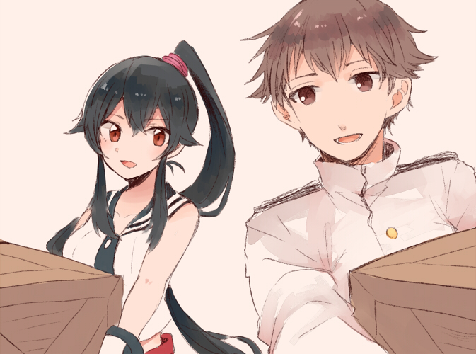 1boy 1girl :d admiral_(kantai_collection) black_hair black_necktie black_sailor_collar brown_eyes brown_hair buttons epaulettes gloves holding itomugi-kun kantai_collection long_hair long_sleeves military military_uniform naval_uniform necktie open_mouth pink_background ponytail red_eyes sailor_collar school_uniform serafuku short_hair simple_background sleeveless smile teeth uniform very_long_hair white_gloves yahagi_(kantai_collection)