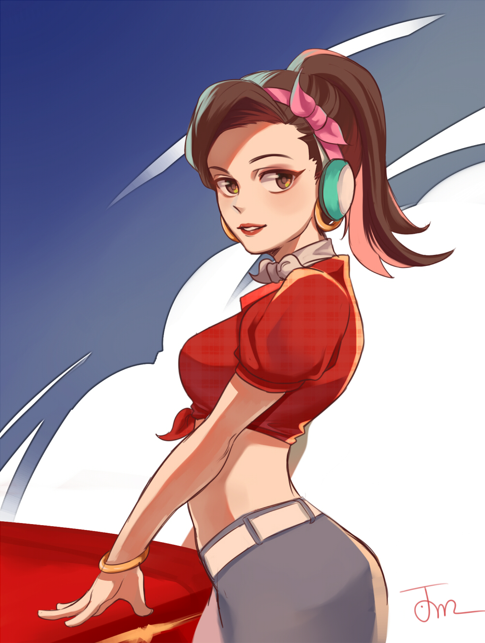 1girl alternate_costume bangle belt blue_background boiledpotatoes bracelet breasts brown_eyes brown_hair choker cowboy_shot cruiser_d.va d.va_(overwatch) earrings from_side front-tie_top grey_choker grey_pants hair_ribbon headphones highres hoop_earrings jewelry light_smile looking_at_viewer looking_to_the_side medium_breasts medium_hair midriff overwatch pants pink_ribbon plaid plaid_shirt ponytail puffy_short_sleeves puffy_sleeves red_lips red_shirt ribbon shirt short_sleeves signature solo unmoving_pattern white_background