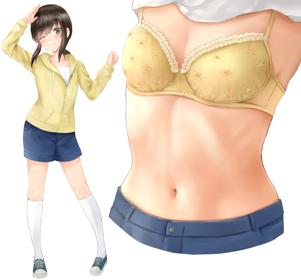 1girl ;) arm_up blue_shoes blue_shorts blush bra breasts brown_hair buttons casual closed_mouth collarbone denim denim_shorts drawstring eyebrows_visible_through_hair floral_print foreshortening frilled_bra frills fubuki_(kantai_collection) full_body green_eyes head_out_of_frame head_tilt irohakaede jacket kantai_collection kneehighs lifted_by_self long_sleeves looking_at_viewer low_ponytail multiple_views navel one_eye_closed salute shirt shirt_lift shoes shorts small_breasts smile standing stomach tareme underwear undressing upper_body white_legwear white_shirt yellow_bra yellow_jacket