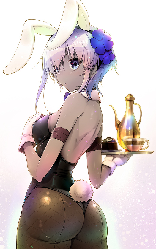1girl akahito animal_ears ass assassin_(fate/prototype_fragments) bare_shoulders black_gloves black_leotard blush breasts bunny_tail bunnysuit dark_skin fate/prototype fate/prototype:_fragments_of_blue_and_silver fate_(series) fishnet_pantyhose fishnets gloves hairband leotard looking_at_viewer medium_breasts pantyhose purple_hair rabbit_ears short_hair solo tail violet_eyes