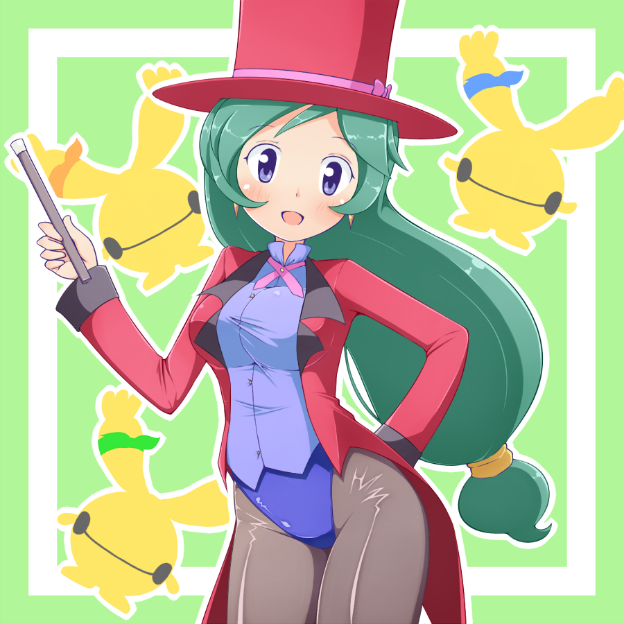 1girl a-ktoo black_legwear blue_eyes blue_leotard blue_shirt cowboy_shot dress_shirt earrings green_hair hat jacket jewelry leotard long_hair looking_at_viewer magician pantyhose pokemon pokemon_(anime) shirt shizue_(pokemon) solo tailcoat top_hat wand