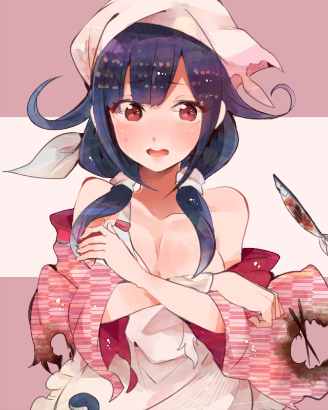1girl ahoge alternate_costume breasts cleavage commentary_request covering covering_breasts embarrassed eyebrows eyebrows_visible_through_hair fish hat itomugi-kun kantai_collection long_hair medium_breasts multicolored multicolored_background open_mouth pink_eyes purple_hair ryuuhou_(kantai_collection) saury solo taigei_(kantai_collection) torn_clothes twintails whale yagasuri