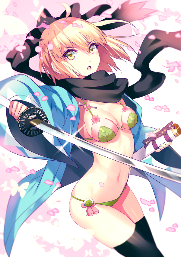 &gt;:o 1girl :o ahoge black_bow black_legwear black_scarf blonde_hair blush bow breasts cleavage eyebrows_visible_through_hair fate_(series) foreshortening glint gradient gradient_background hair_between_eyes hair_bow happi holding holding_sword holding_weapon japanese_clothes katana koha-ace leaf_print long_sleeves looking_at_viewer medium_breasts navel nishimura_eri open_clothes open_mouth petals pink_background sakura_saber scarf short_hair standing stomach sword thigh-highs unsheathed weapon wide_sleeves yellow_eyes