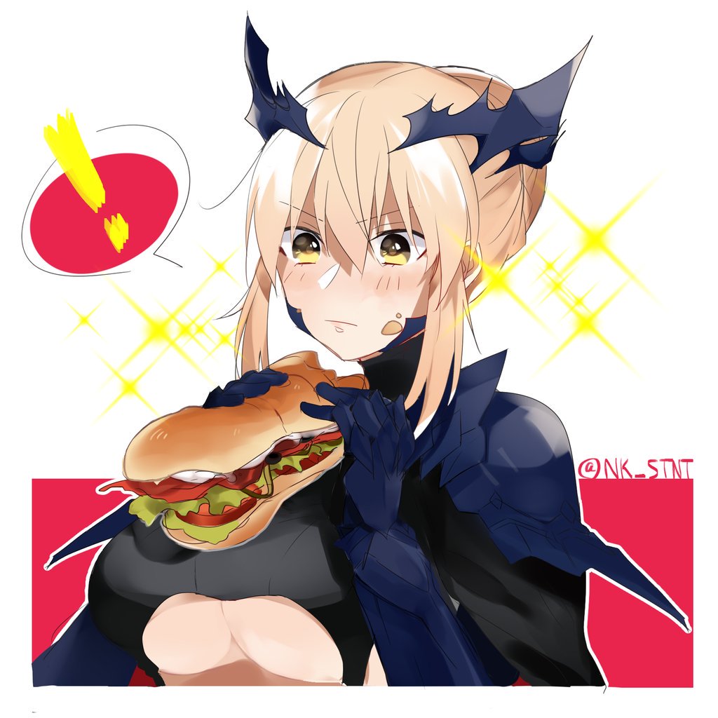 ! 1girl artoria_pendragon_alter_(fate/grand_order) bangs blonde_hair blush breasts cleavage closed_mouth eating eyebrows_visible_through_hair fate/grand_order fate_(series) food food_on_face hair_between_eyes holding holding_food ichigopantsu large_breasts pauldrons saber saber_alter sandwich sidelocks solo sparkle spoken_exclamation_mark twitter_username under_boob upper_body yellow_eyes