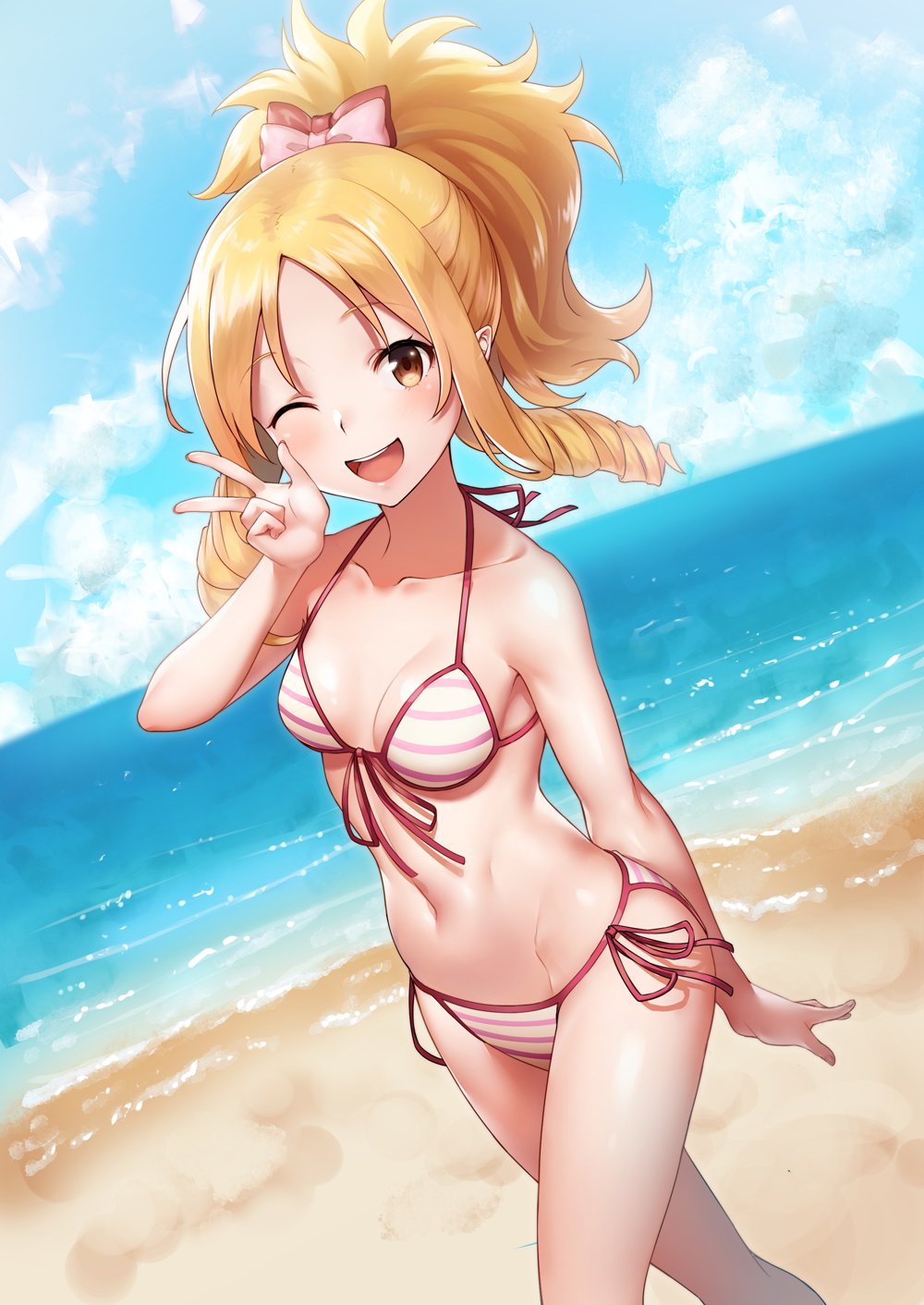 1girl ;d arm_behind_back bangs bare_shoulders beach bikini blonde_hair blue_sky bow breasts brown_eyes cleavage clouds cloudy_sky collarbone day drill_hair dutch_angle eromanga_sensei eyebrows_visible_through_hair fisheye front-tie_bikini front-tie_top hair_bow halterneck highres horizon long_hair navel one_eye_closed open_mouth outdoors parted_bangs pointy_ears ponytail side-tie_bikini sky small_breasts smile solo string_bikini striped striped_bikini swimsuit twin_drills w yamada_elf