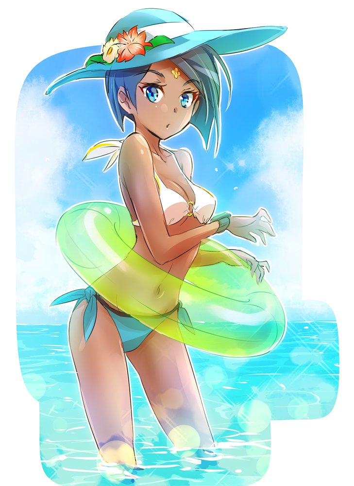 1girl bikini blue_eyes blue_hat blue_panties breasts ciel_soleil cleavage clouds dark_skin flower_hat forehead_jewel green_hair hat iesupa innertube navel o-ring_bikini panties rwby sky solo sparkle swimsuit transparent underwear watch watch water white_bikini