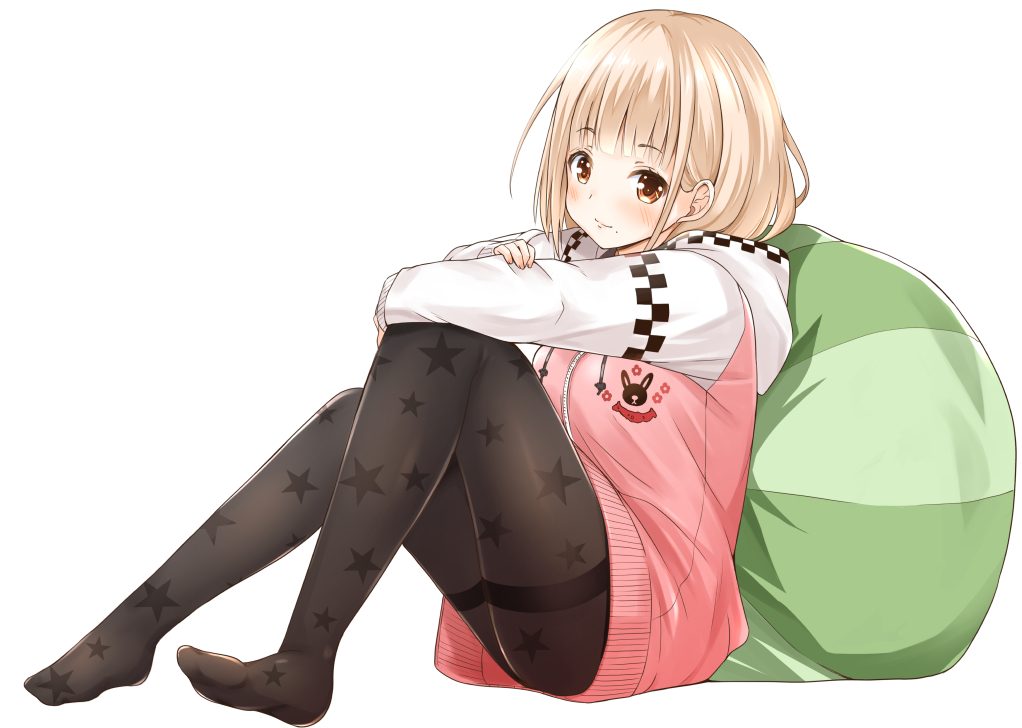 1girl bangs blonde_hair blunt_bangs blush brown_eyes checkered fujishima_shinnosuke hood hoodie legs looking_at_viewer mole mole_under_mouth no_shoes original pantyhose parted_lips print_legwear simple_background sitting solo star star_print thighband_pantyhose thighs white_background