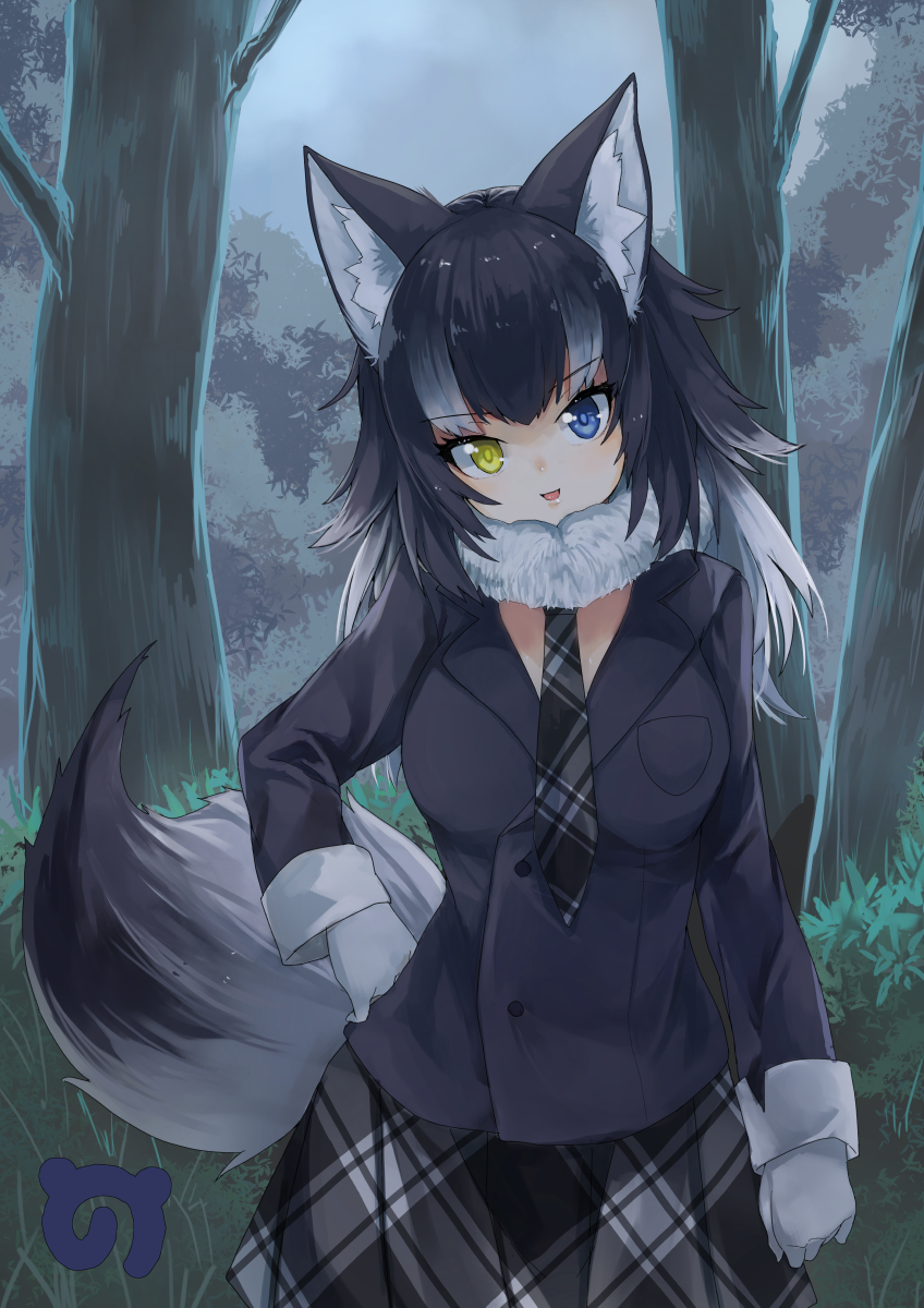 1girl animal_ears black_hair blue_eyes breasts forest fur_collar gloves grey_wolf_(kemono_friends) hand_on_hip heterochromia highres kemono_friends long_hair long_sleeves looking_at_viewer multicolored_hair nature necktie open_mouth skirt solo tail two-tone_hair waichi2424 wolf_ears wolf_tail yellow_eyes