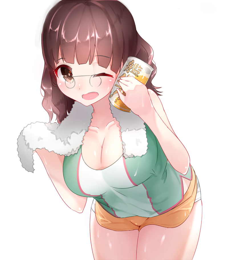 1girl alternate_costume bangs bare_arms bare_shoulders beer_can blunt_bangs boruhis breasts brown_eyes brown_hair can collarbone glasses holding holding_can kantai_collection large_breasts medium_hair one_eye_closed open_mouth roma_(kantai_collection) simple_background solo sportswear towel white_background