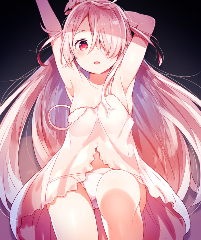 1girl armpits arms_up bare_shoulders blush camisole collarbone commentary_request dress elbow_gloves gloves hair_over_one_eye long_hair looking_at_viewer moe_on_drop original pink_eyes pink_hair solo very_long_hair white_dress
