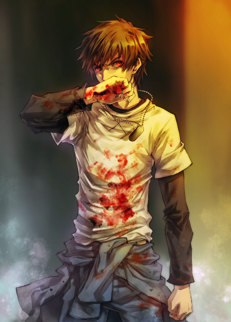 1boy angry blood bloody_clothes bloody_hands brown_hair clenched_hand covered_mouth cowboy_shot dog_tags keisuke_(togainu_no_chi) kkbkckdk long_sleeves looking_at_viewer male_focus red_eyes shirt solo t-shirt togainu_no_chi