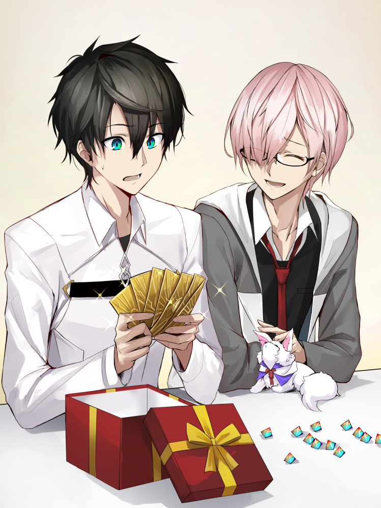 2boys ^_^ aqua_eyes bangs black-framed_eyewear black_hair breast_pocket card closed_eyes eyebrows_visible_through_hair fate/grand_order fate_(series) fou_(fate/grand_order) fujimaru_ritsuka_(male) genderswap genderswap_(ftm) glasses hair_between_eyes holding holding_card hood hoodie loose_necktie male_focus multiple_boys necktie open_clothes open_hoodie open_mouth pink_hair pocket red_necktie saint_quartz semi-rimless_glasses shielder_(fate/grand_order) shijiu_(adamhutt) smile sparkle sweatdrop under-rim_glasses uniform