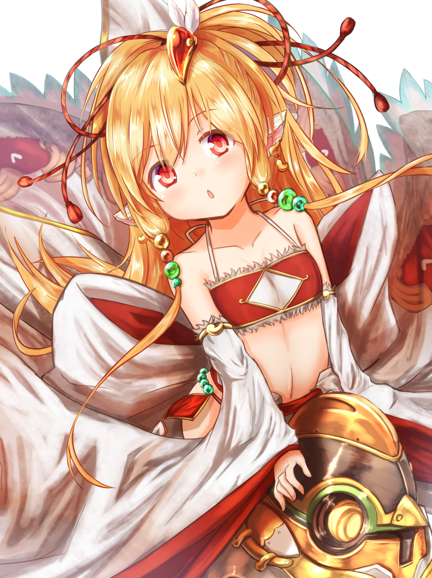 1girl animal_ears bandeau bangs baram beads blonde_hair blush chestnut_mouth collarbone commentary_request detached_sleeves eyebrows_visible_through_hair flat_chest granblue_fantasy hair_beads hair_ornament hands_in_sleeves harbin long_hair looking_at_viewer makira_(granblue_fantasy) midriff navel parted_lips pelvic_curtain petite red_eyes solo